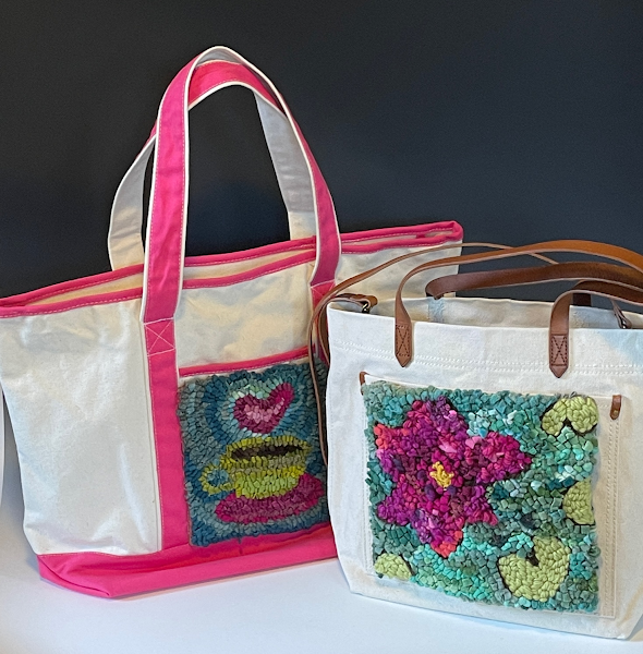 Totes with hand hooked pockets