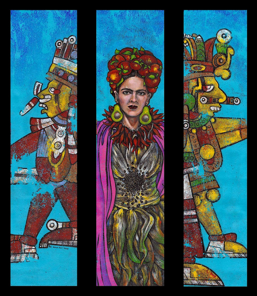 Frida Kahlo with the Aztec Gods of Maize & Rain by Patricia Taylor Holz. Acrylic on tar paper. Framed variation & canvas prints from the original available.