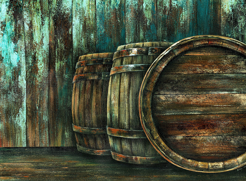 Aged. A visual poem to Virginia Wine Country by Patricia Taylor Holz. Framed watercolor & acrylic on 22" x 28" paper.