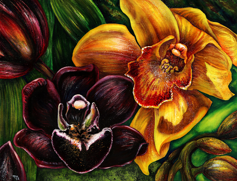 Black & Gold Orchids. Framed watercolor on 24" x 30" paper by Patricia Taylor Holz.