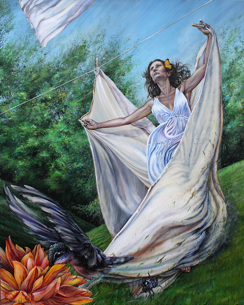 Remedios' Solitude Wind. Acrylic on 48" x 60" canvas by Patricia Taylor Holz. Remedios La Bella, blown by the wind with the sheets, from the Nobel Prized book "One Hundred Years of Solitude" by Gabriel Garcia Marquez.