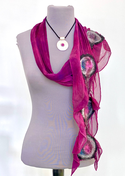 Wine Silk Felted Scarf with Fiber and Metal Pendant
