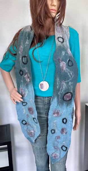 Blue Felted Scarf - A warm blend of alpaca and other fibers felted on silk