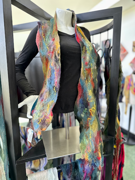 Fall Felted Scarf - Silk base felted with various fibers and yarn to create unique texture