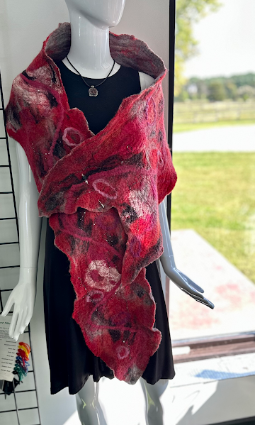 Red Felted Wrap - Various fibers and embellishments wet-felted on a silk base