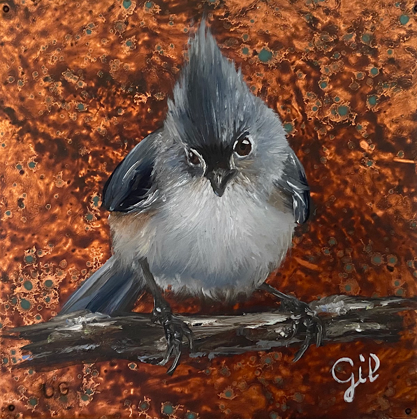 Tufted Titmouse, 4" x 4", oil on copper, by Ute Gil