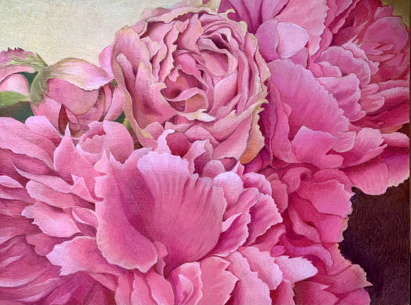 Peonies, mixed media on panel